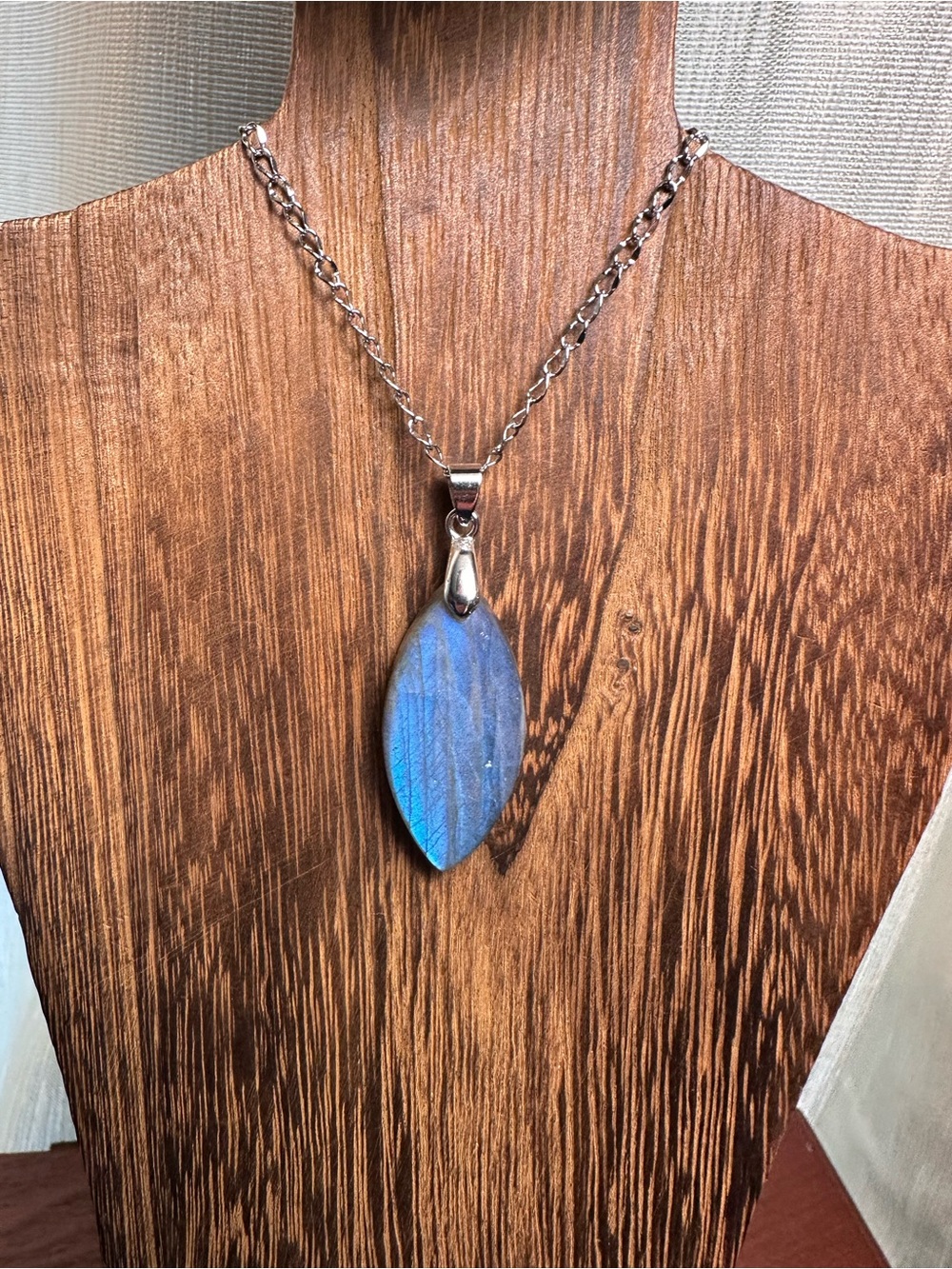 Blue Labradorite Marquise Shaped Pendant Necklace on Stainless Steel Chain - Picture 10 of 16